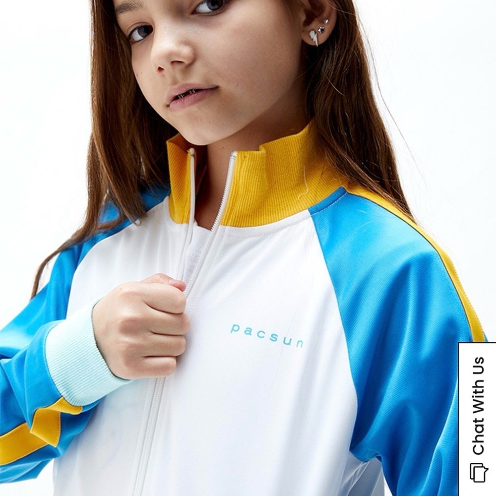 PacSun White, Blue, and Yellow Sporty Unisex Kids Jacket Size L
